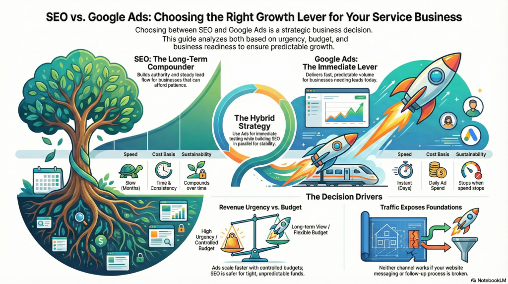 How Service Businesses Should Choose Between SEO and Google Ads seo vs google ads comparison for service businesses